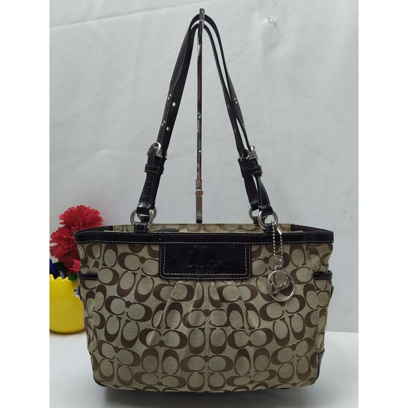 Coach Signature Brown Canvas Patent Leather Trim Double Handle Tote Shoulder Bag - Picture 1 of 13